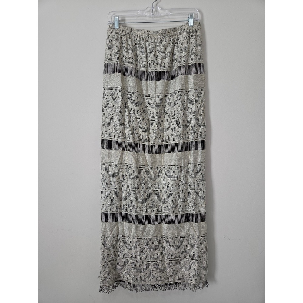 Huey Waltzer Saks Fifth Avenue Gold Metallic Knit Maxi Skirt Fringe Slit Large‎